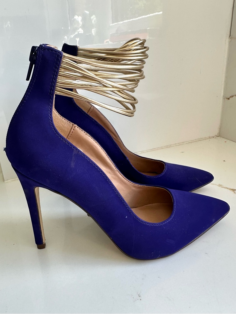 Call it Spring Purple Stiletto Pumps with Gold Ankle Wrap 6.5